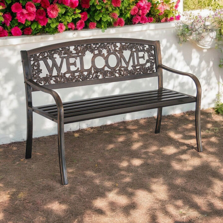 Outdoor Weather Resistant Metal Garden Bench with Welcome Floral Back