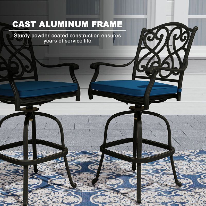 Mondawe Patio Dining Chairs with Removable Olefin Cushion Cast Aluminum Frame 360° Swivel Bar Stool,Set of 3
