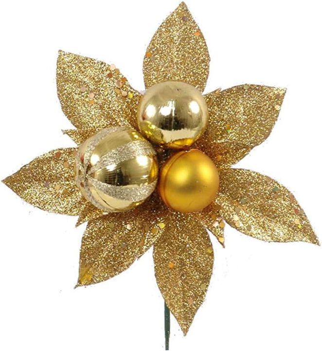 Sparkling Glittered Poinsettia 3-Ball Picks, Festive Christmas Floral Decor - 1 Dozen Pack