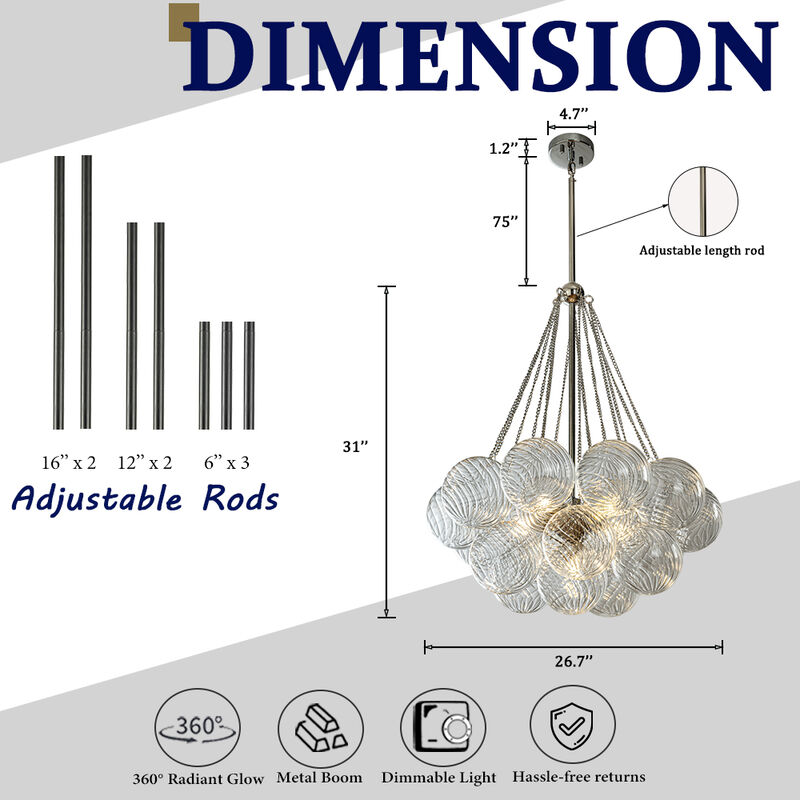 27'' Modern Glam Cluster Chandelier 6 Lights Pendant with Hand Blown Textured Glass Globes And Chrome Finish for Dining Room and Foyer image number 7