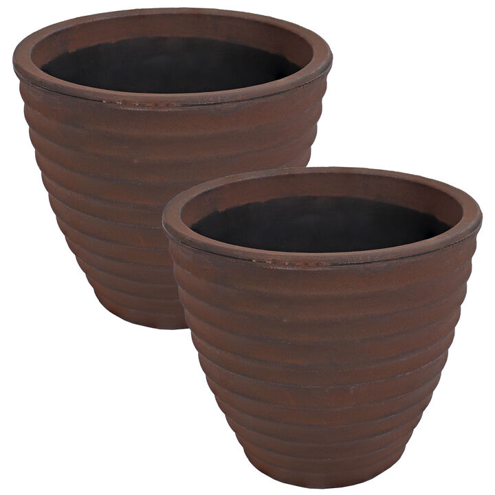 Sunnydaze 16 in Ribbed Polyresin Outdoor Planter - Rust - Set of 2