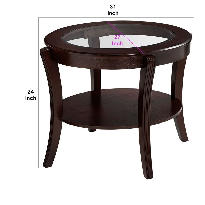 Oval Top Wooden End Table with Glass Insert and Open Shelf, Espresso Brown-Benzara