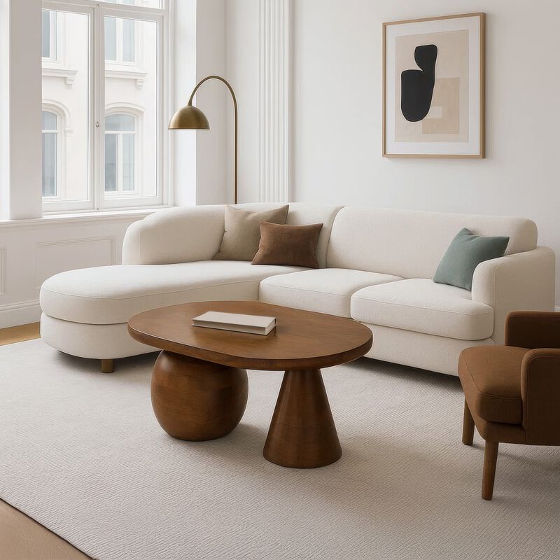 Leeds Coffee Table | 38" Handmade Walnut Brown Mango Wood Oval Top | Round Ball and Cone Base