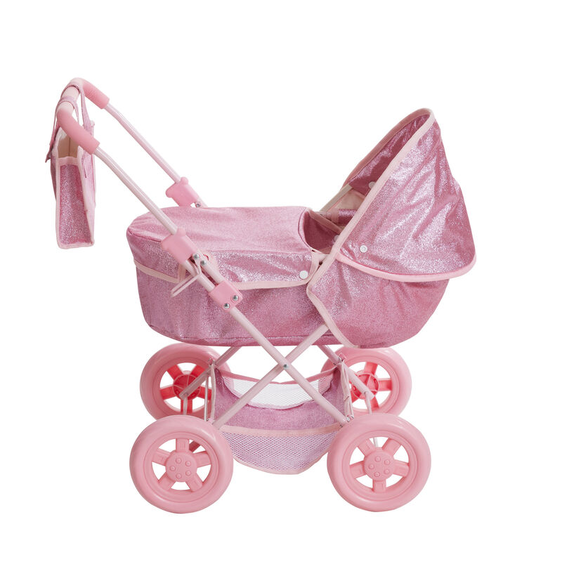 Olivia's Little World Baby Doll Bassinet Pram with Cover, Glitter Pink Doll Stroller with Retractable Canopy, Handle and Under Pram Storage for Doll Accessories image number 7