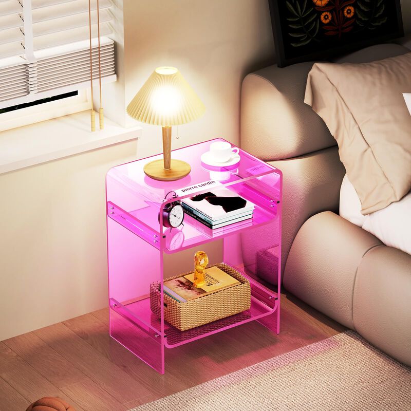 Acrylic Record Player Table with Storage Shelf, Clear Side Table Nightstand (Pink)
