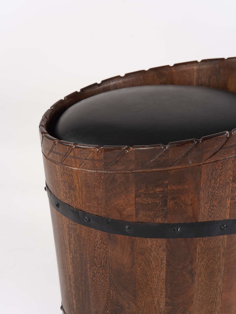 Handmade Eco-Friendly Geometric Buffalo Leather & Wood Brown Round Ottomon 18"x18"x18" From BBH Homes