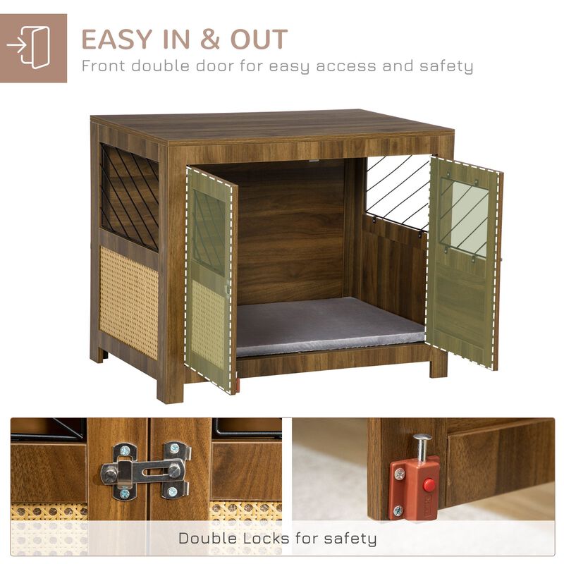 Walnut Pet Furniture: Dog Crate End Table with Cushion and Doors