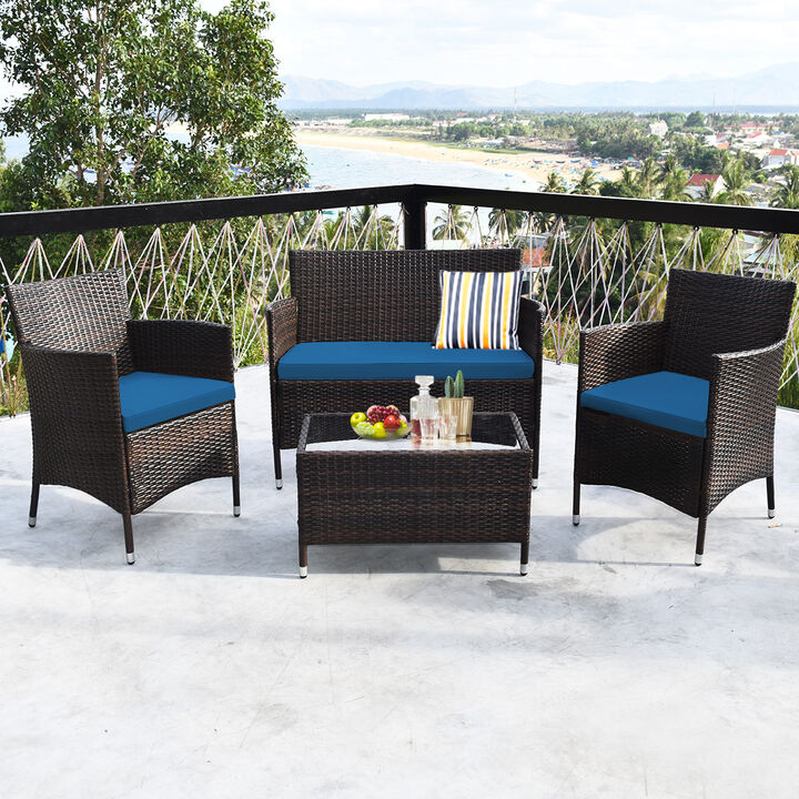 4 Pieces Comfortable Outdoor Rattan Sofa Set with Glass Coffee Table
