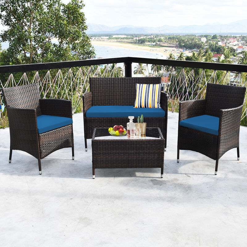 4 Pieces Comfortable Outdoor Rattan Sofa Set with Glass Coffee Table