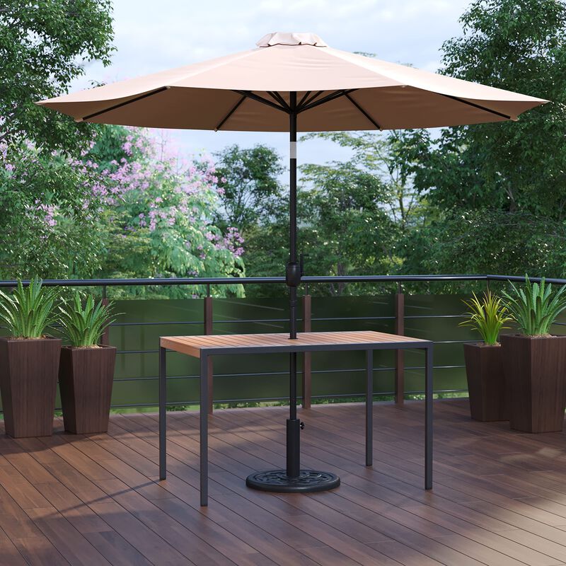 Flash Furniture Lark 3 Piece Outdoor Patio Table Set - Natural Faux Teak Dining Table - 30" x 48" Synthetic Teak Patio Table with Tan Umbrella and Base