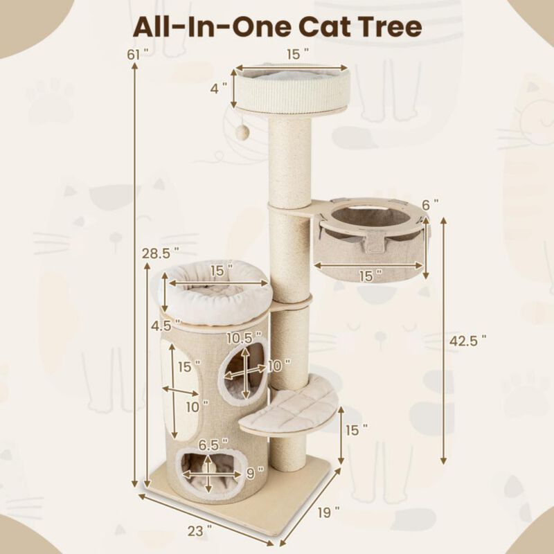 Hivvago 61 Inches Cat Tree for Indoor Cats with 2-stoery Condo and Top Perch