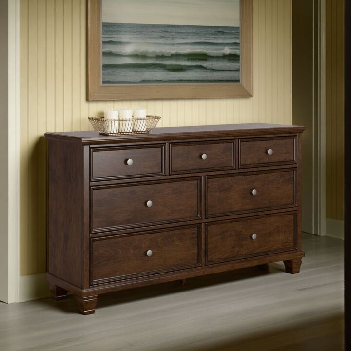 Reno Wide Dresser, 7 Storage Drawers, Nickel Round Knobs, Rich Brown