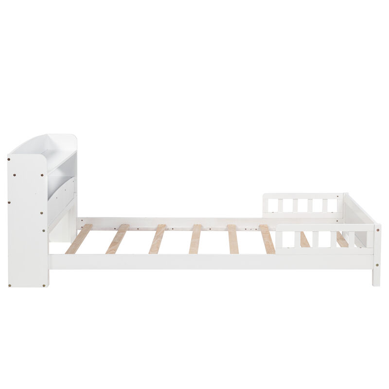 Whisen Twin Pine Wood Bed with Bookcase Headboard ,LED Motion Sensor Light, Guardrails-White