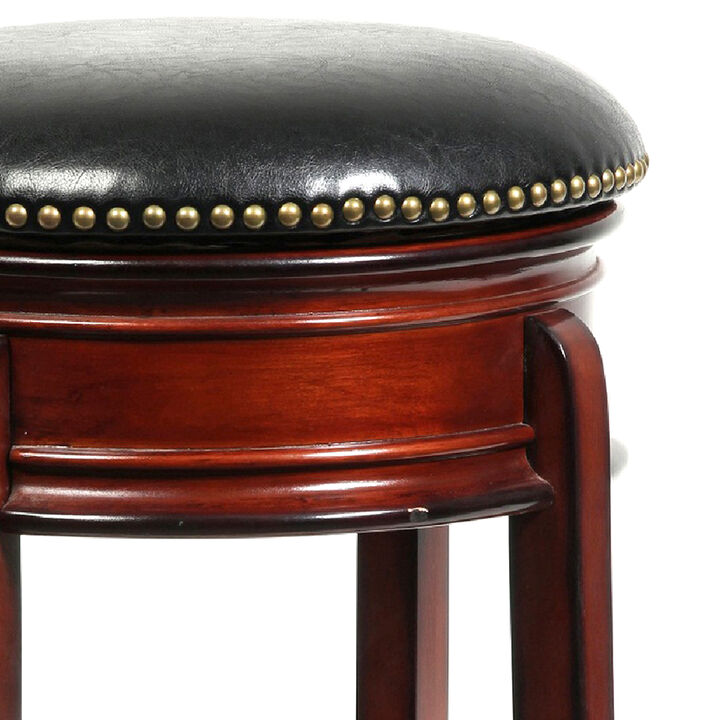 Sabi 24 inch Swivel Counter Stool, Solid Wood, Faux Leather, Brown, Black - Benzara