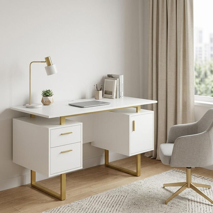 HomeRoots 51" Gray and Silver Wood and Steel Pedestal Executive Desk With Two Drawers