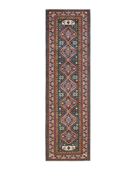 Tribal, One-of-a-Kind Hand-Knotted Area Rug  - Green, 3' 0" x 10' 1"