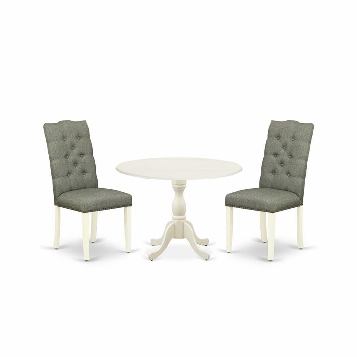 East West Furniture DMEL3-LWH-07 3 Piece Dining Room Set Consists of 1 Drop Leaves Dining Table and 2 Smoke Linen Fabric Parson Dining Chairs Button Tufted Back with Nail Heads - Linen White Finish