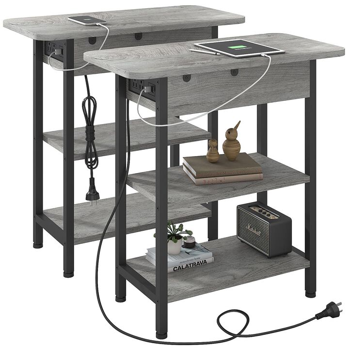 LIDYUK End Table with Charging Station, Set of 2 Flip Top Narrow Side Table for Small Spaces, Nightstands Set of 2 for Bedroom,