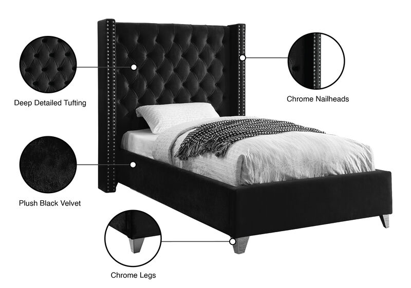 Meridian Furniture Aiden Black Velvet Twin Bed image number 4