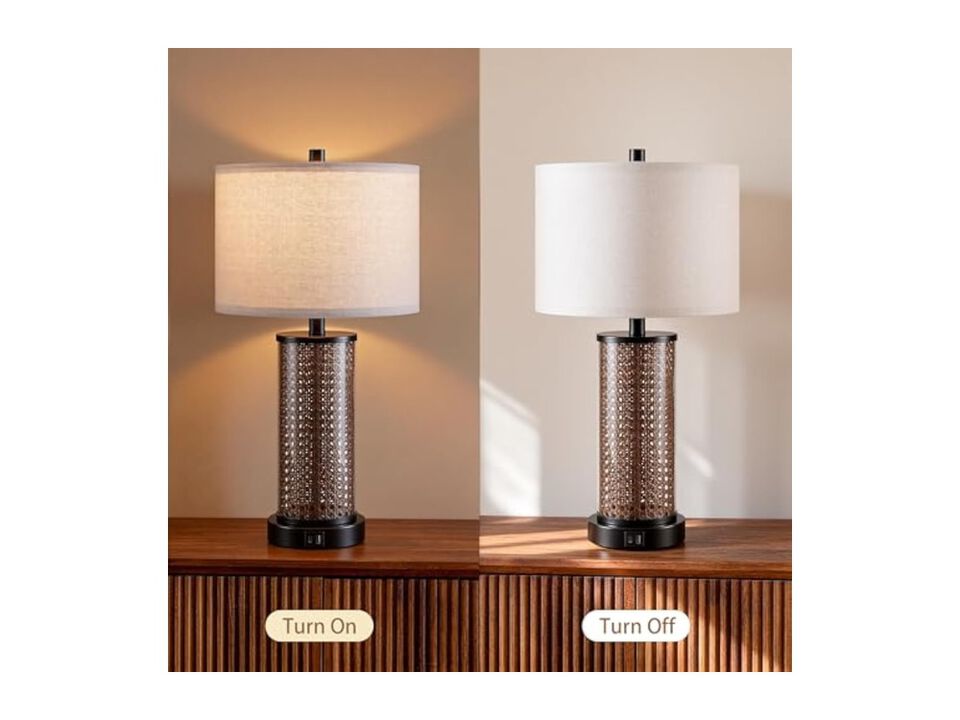 Rattan Glass Table Lamps Set Of 2 For Living Room Bedroom Bulbs Included Black