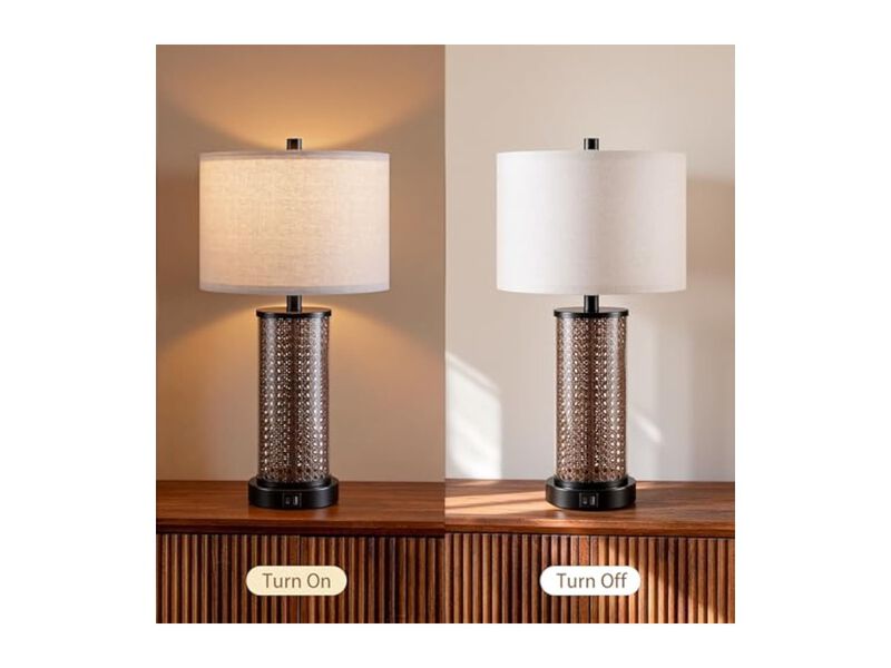 Rattan Glass Table Lamps Set Of 2 For Living Room Bedroom Bulbs Included Black image number 1