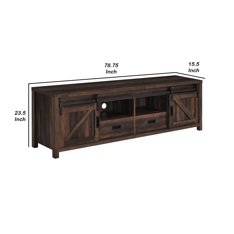 Sem 79 Inch TV Media Entertainment Console, 2 Drawers, Dark Brown Finish - Benzara