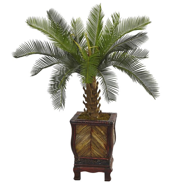 Nearly Natural 3-ft Cycas Tree in Wood Planter