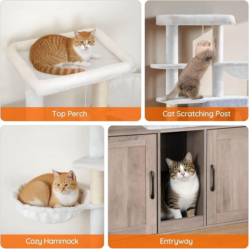 Multi-Level Cat Tree with Dual Litter Box Storage and Play Platforms-Greige image number 5