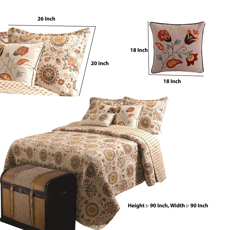 Elbe 5 Piece Queen Quilt Set with Medallion and Floral Pattern, Beige and Brown - Benzara