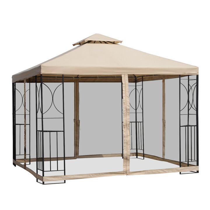 10' x 10' Steel Outdoor Patio Gazebo Canopy with Privacy Mesh Curtains, Weather-Resistant Roof, & Storage Trays