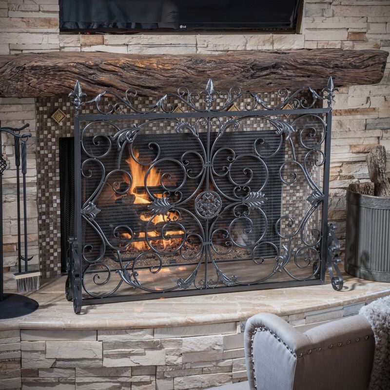 Streamdale Darcie Wrought Iron Fireplace Screen, Black Finish with Ornate Design image number 1
