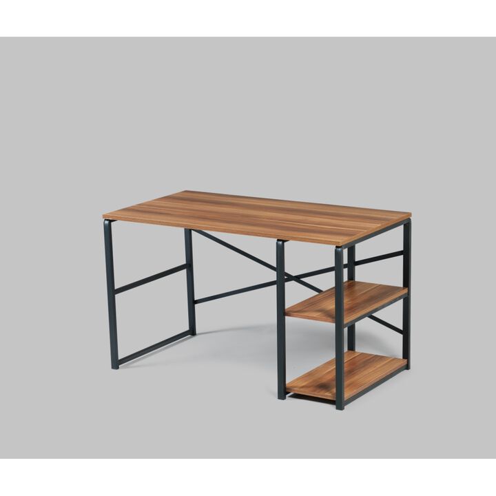 Furnish Home Store Sage Black Metal Frame 47" Wooden Top 2 Shelves Writing and Computer Desk for Home Office, Walnut