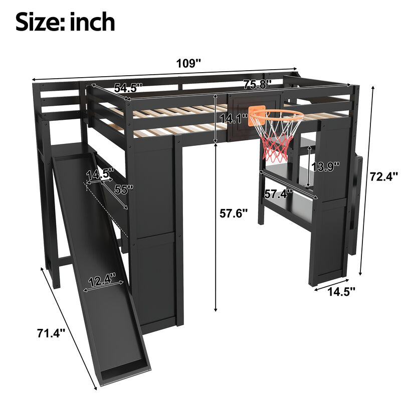 Merax Full Size White Wooden Loft Bed with Staircase Desk, Slide & Basketball image number 4
