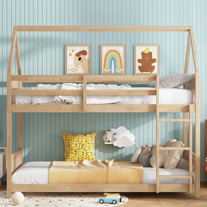 Whisen Twin Over Twin House Floor Bunk Bed with Headboards, Footboards, Guardrails and Ladder