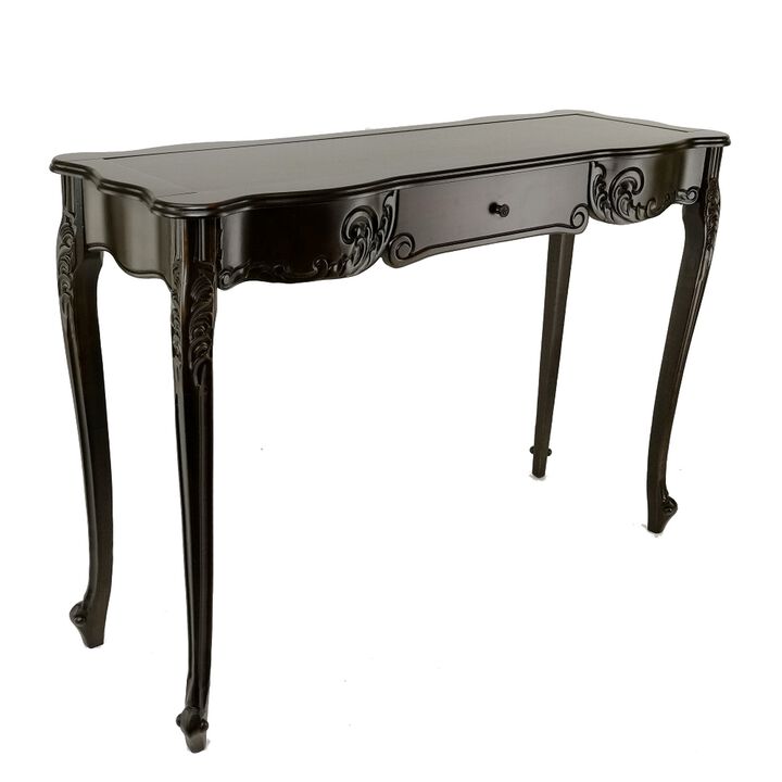 Troy 32 Inch Classic Wood Console Table, 1 Drawer, Floral Cared, Brown-Benzara