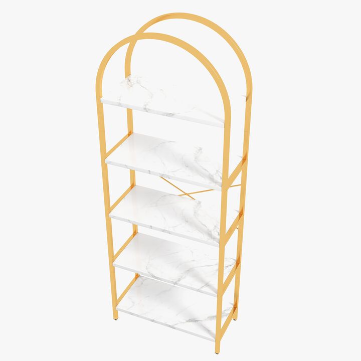 Modern Industrial Arched 5-Tier Open Bookshelf, Curved Metal Frame Freestanding Storage Display Shelf for Living Room, Bedroom & Home Office