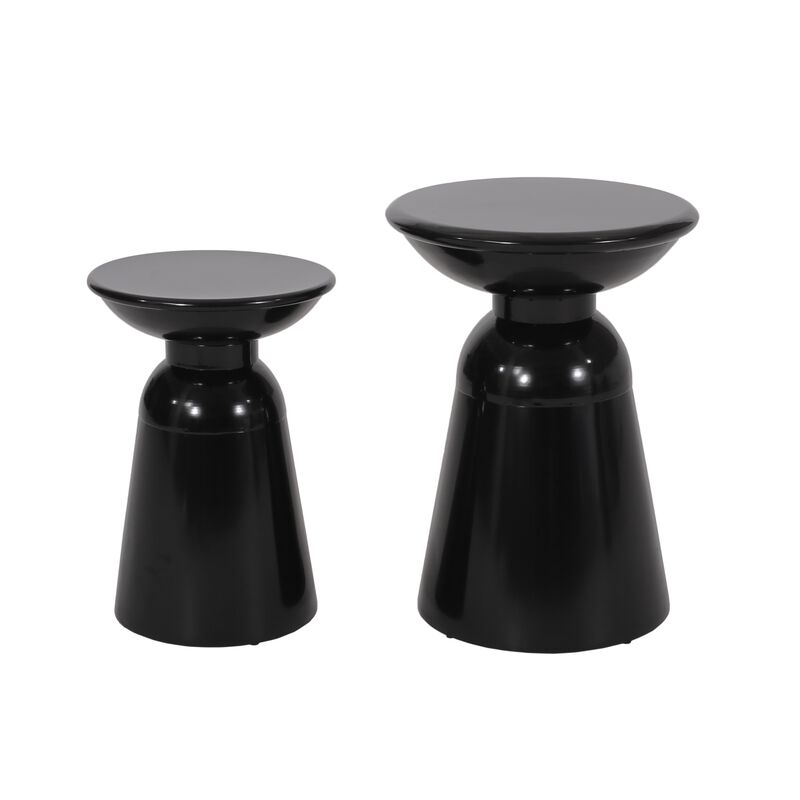 Side End Table Set of 2, Round Taper Top, Pedestal Base, Black Metal