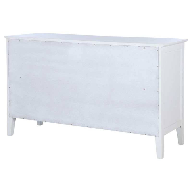 Heo Wide Dresser, 10 Drawers, Rattan Woven Curved Front, White Wood - Benzara