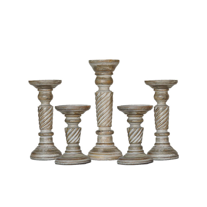Traditional Gray Wash Eco-friendly Handmade Mango Wood Set Of Five 6",9",12",9" & 6" Pillar Candle Holder BBH