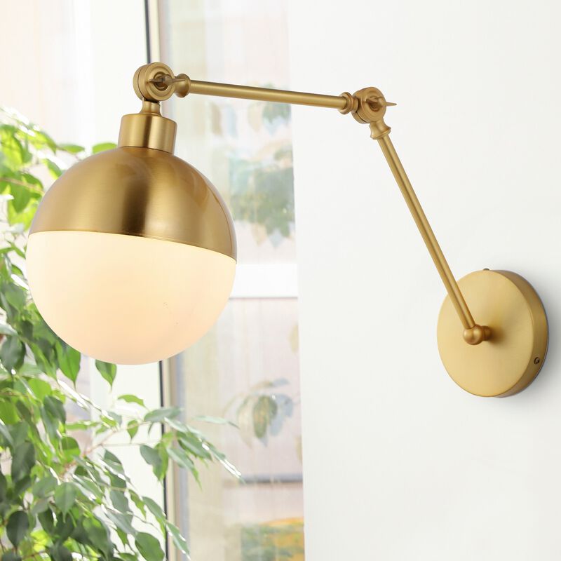 Alba 8" 1-Light Mid-Century Modern Arm-Adjustable Iron/Glass LED Sconce, Brass Gold/Frosted