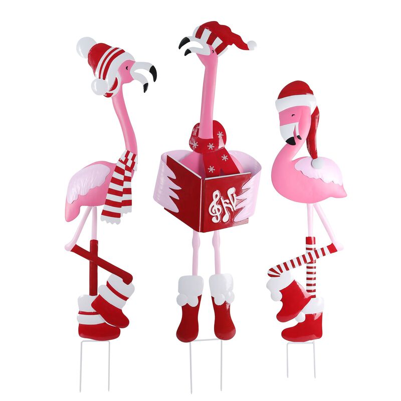 Metal Caroling Flamingos Trio Yard Decor image number 0