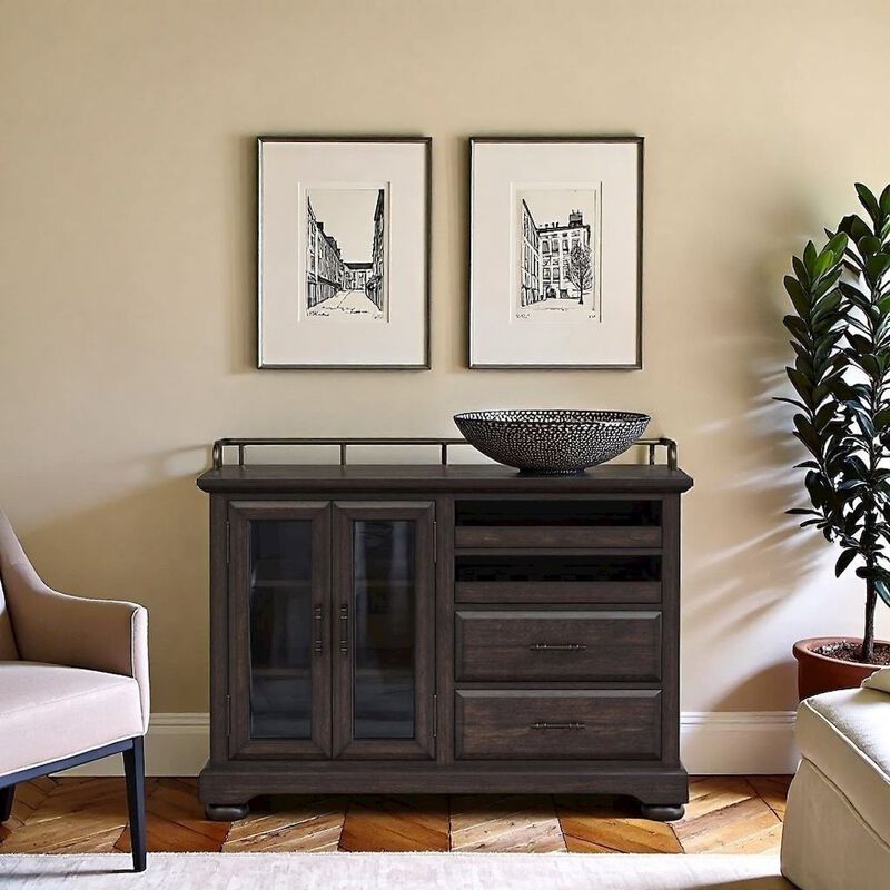 FurniFact Brown Credenza with Storage &ndash; Sideboard Buffet Cabinet with Glass Doors image number 7