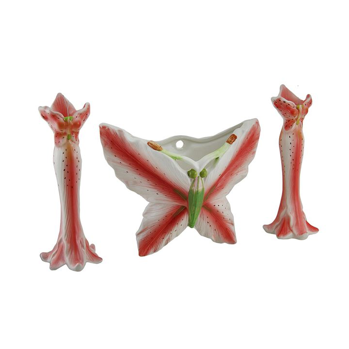 3 PC Pink Tiger Lily Flower Candle Holder And Butterfly Vase Set