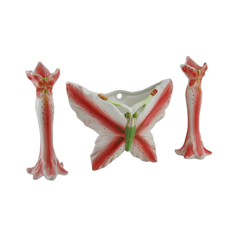 3 PC Pink Tiger Lily Flower Candle Holder And Butterfly Vase Set image number 0