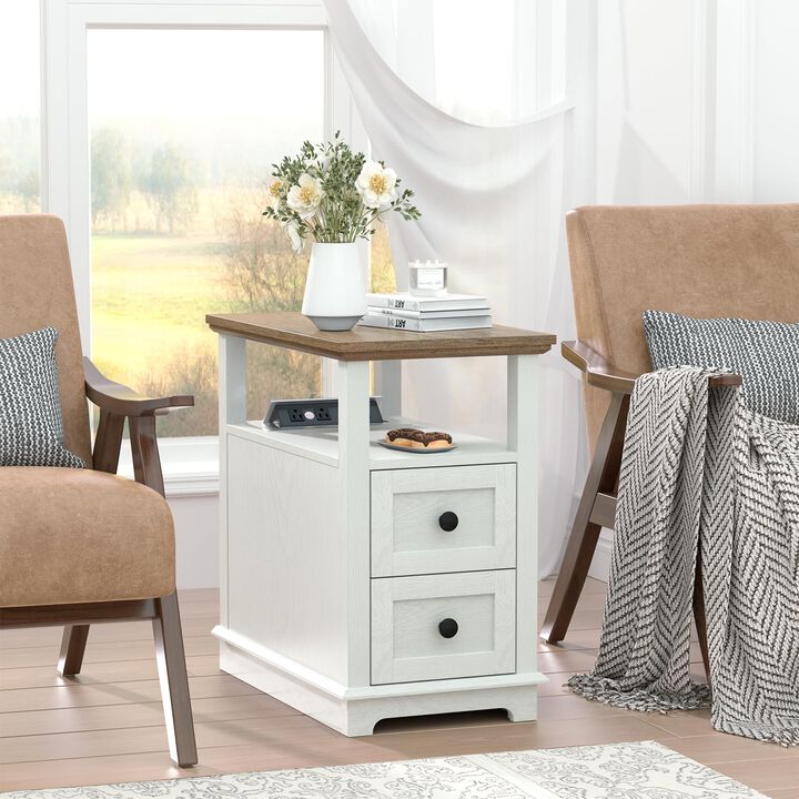 HIFYOBRO End Table with Flip Top Charging Station Set of 2, White Side Table with 2 Drawers, Type-C & USB Port & Power outlets,