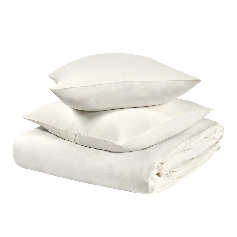 Paula 3 Piece King Duvet Set, Ivory Soft Stone Washed Hemp, Cotton - Benzara