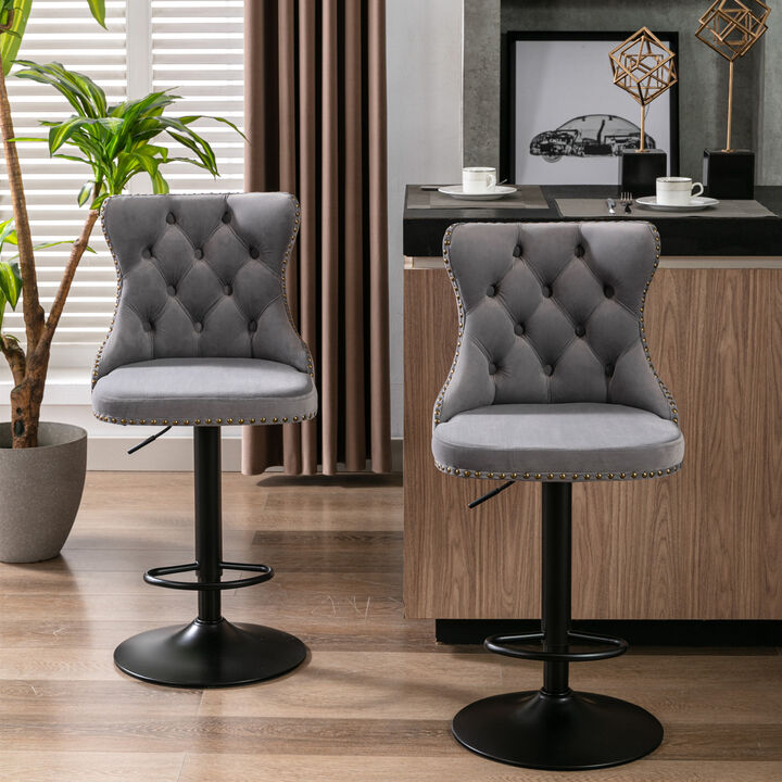 Set of 2 Swivel Velvet Bar Stools Adjustable Seat Height, Upholstered Chrome Base Bar Stools