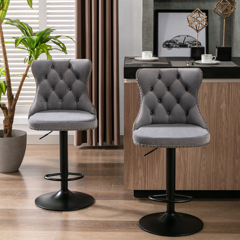 Set of 2 Swivel Velvet Bar Stools Adjustable Seat Height, Upholstered Chrome Base Bar Stools image number 1