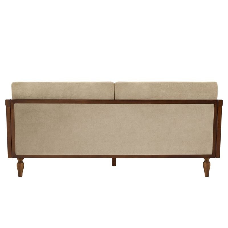 Mid-century modern 3-seater sofa couch, chenille upholstered sofa with rattan armrests, rubberwood frame sofa for apartment living room image number 8