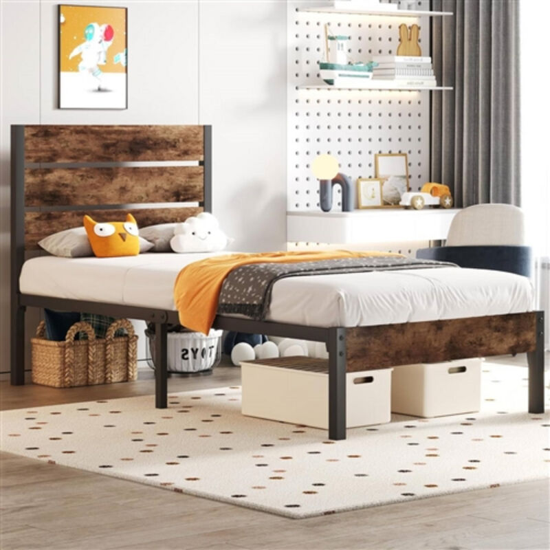 Modern Farmhouse Metal Platform Bed Frame with Wood Headboard